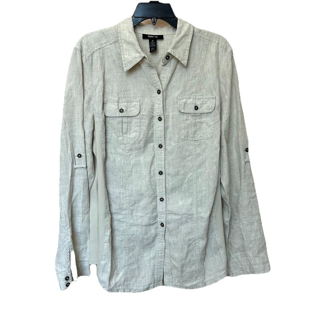 Style & Co Blouse Womens 16 Linen Button Up Short Sleeve Shirt Top Beige Outdoor